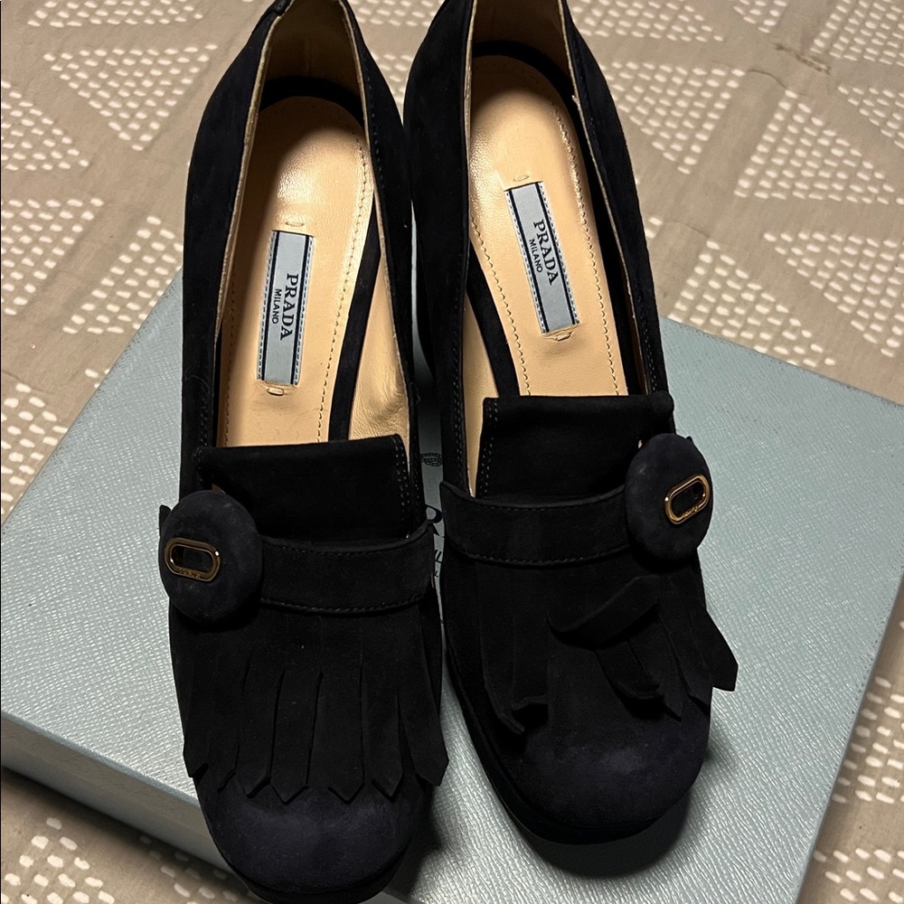 Prada Black Suede Platform Heels with Fringe - Picture 4 of 16